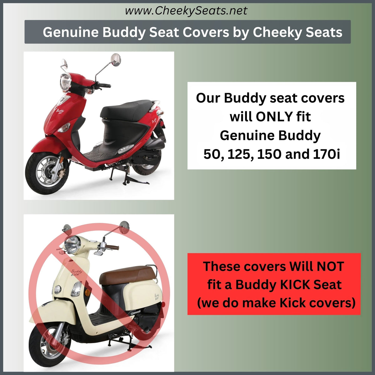 Cheeky Seats Genuine Buddy model-fit graphic for standard and low-profile seats, not Buddy Kick