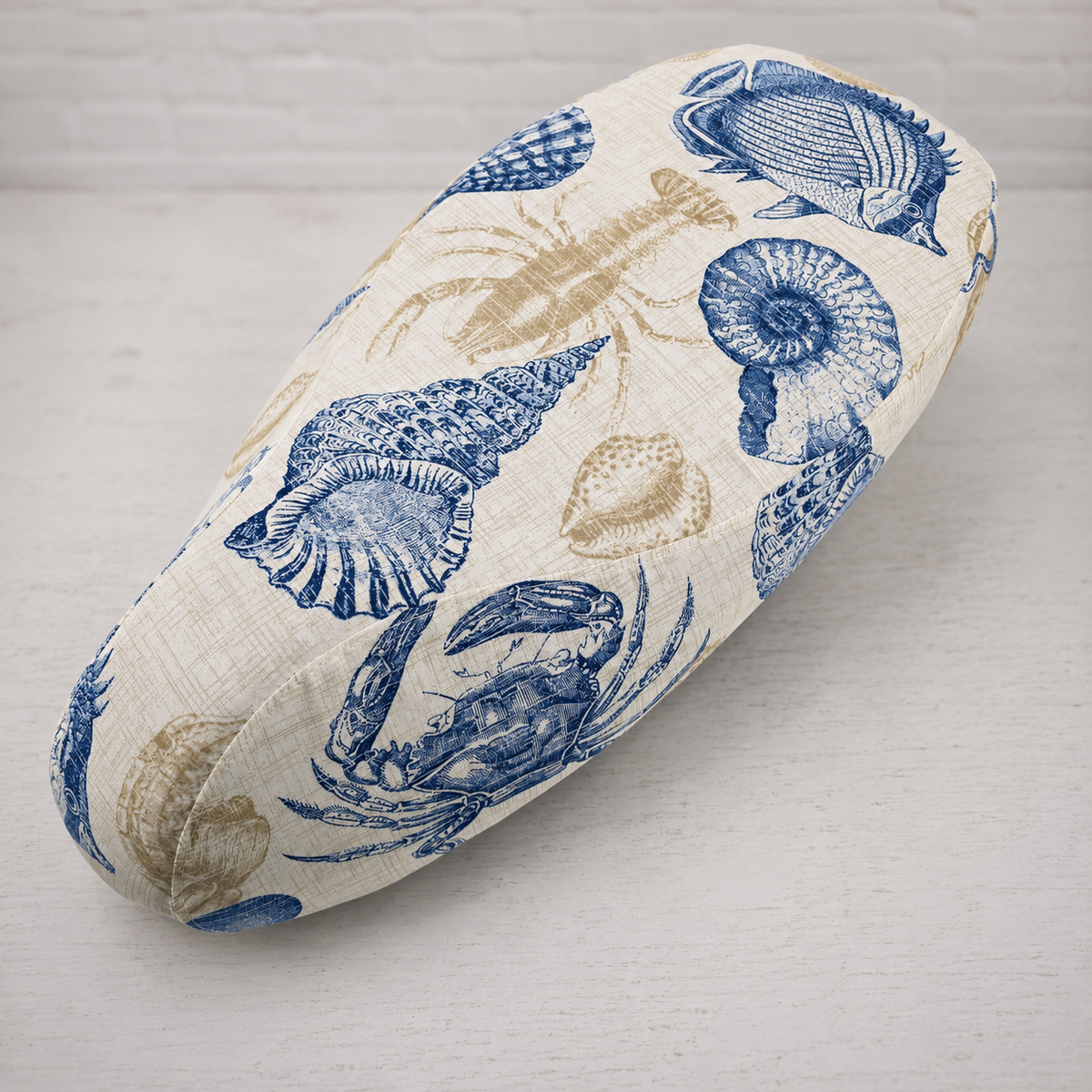 Beachcomber scooter seat cover with shells, fish and coastal motifs for Vespa, Genuine and Kymco models, handmade by Cheeky Seats.