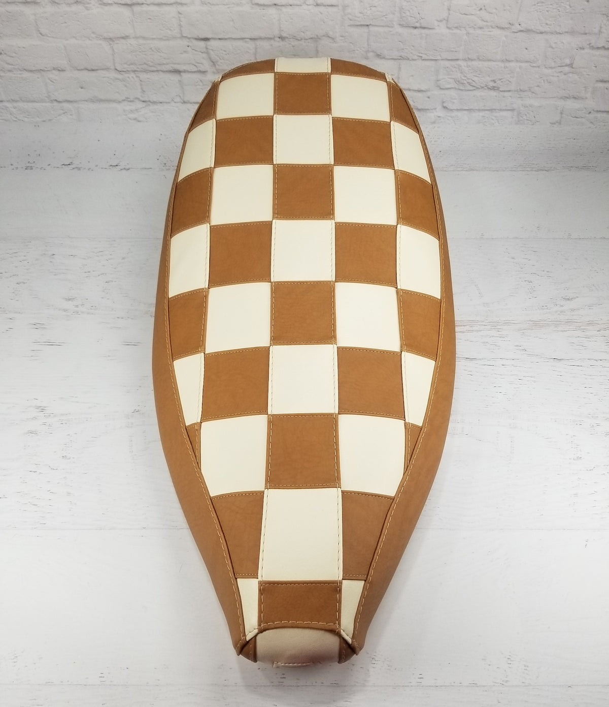 Vespa ET 2/4 earthtone checker seat cover detail view, handmade by Cheeky Seats