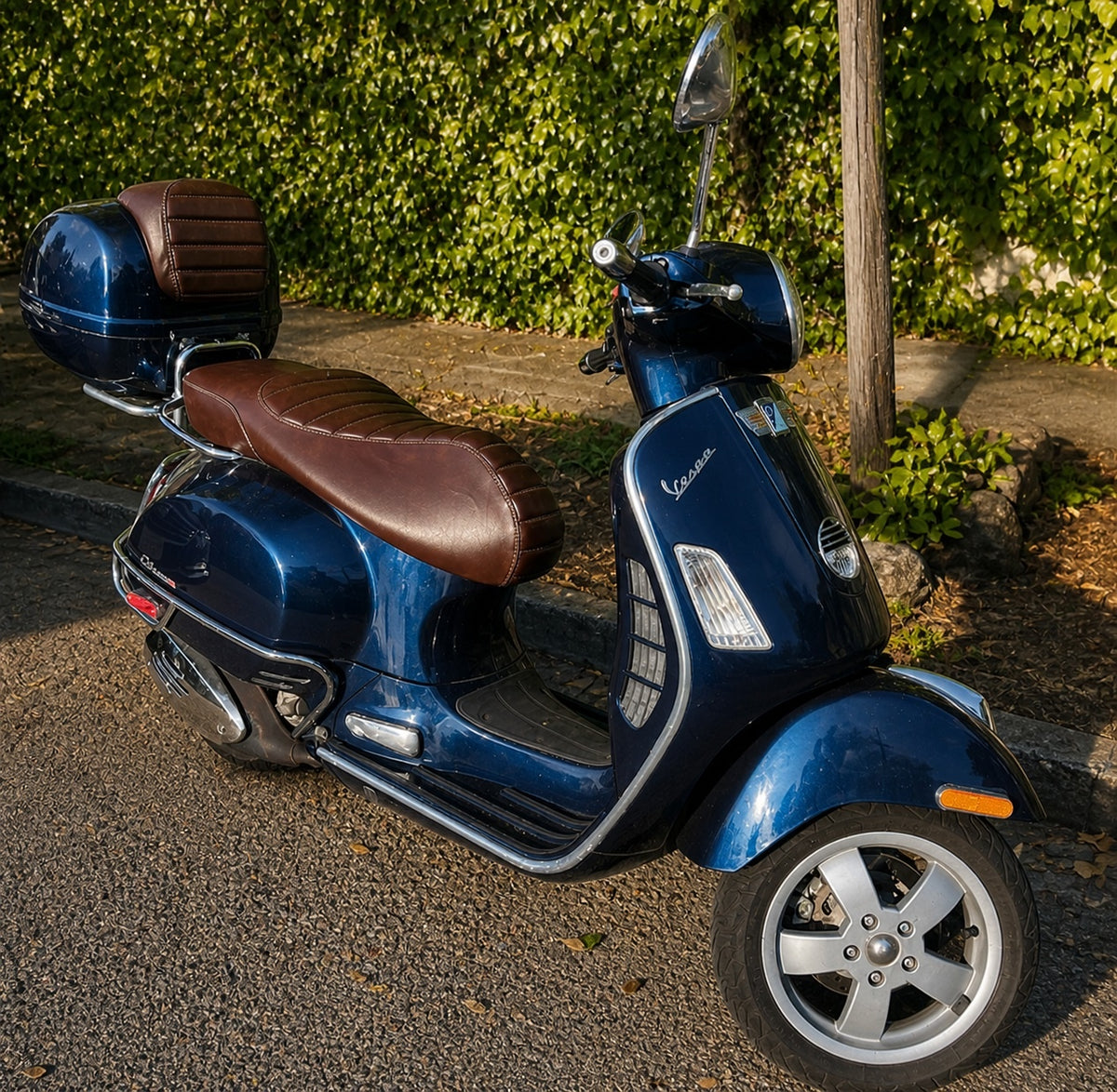 Vespa GTS whiskey brown tuck and roll seat cover and backrest set