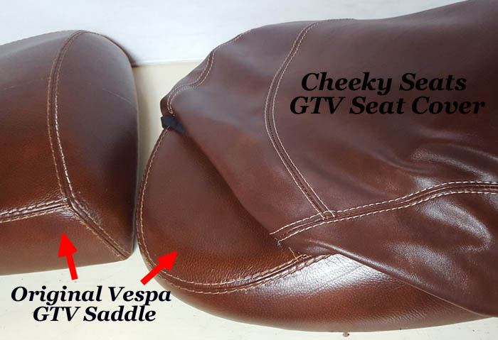 Vespa GTV whiskey seat cover with French seams