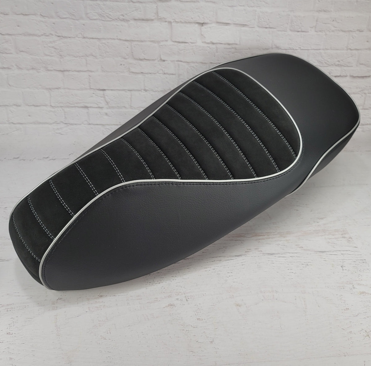 Vespa GTS Alcantara suede tuck and roll seat cover by Cheeky Seats