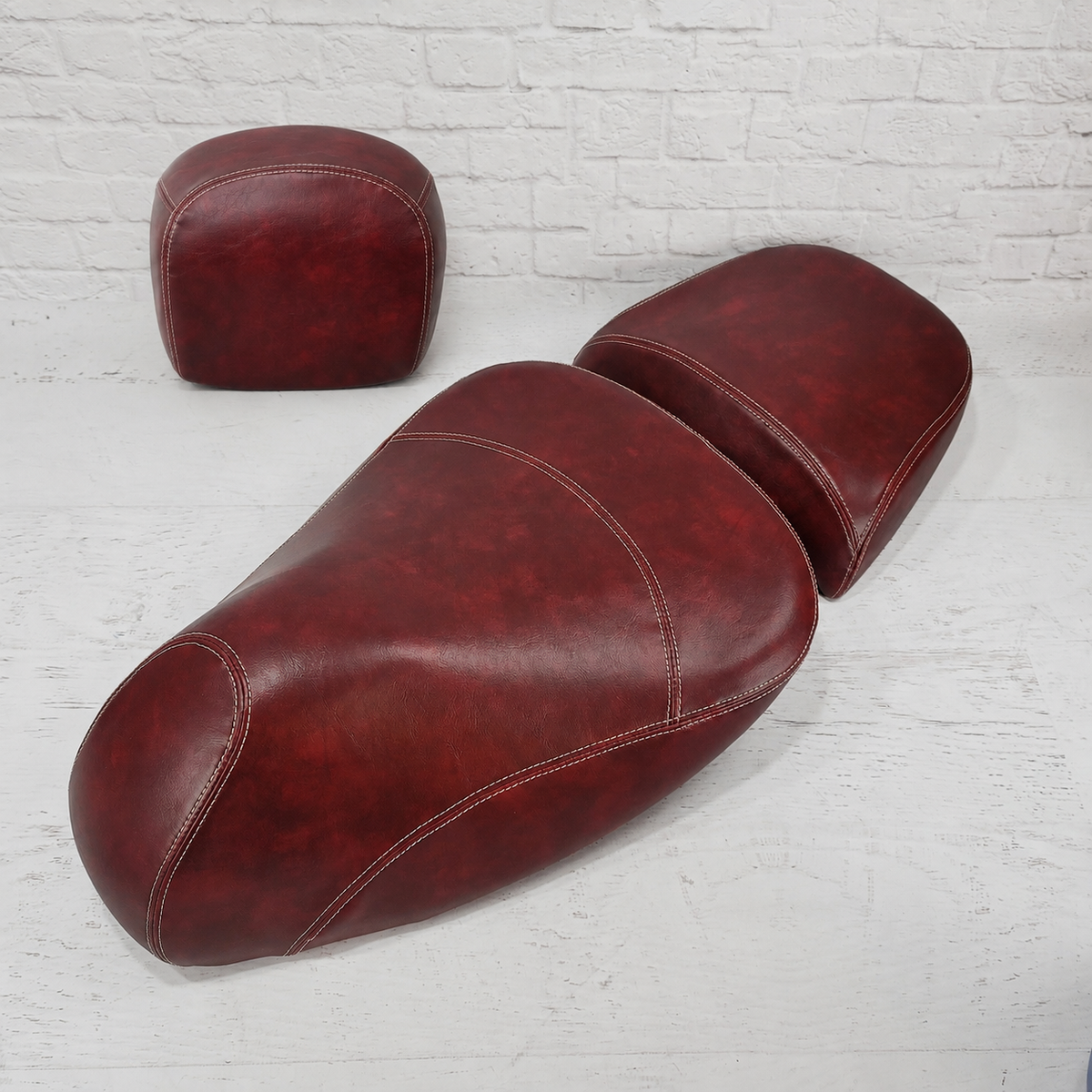 Vespa GTV oxblood seat cover and backrest pad set by Cheeky Seats