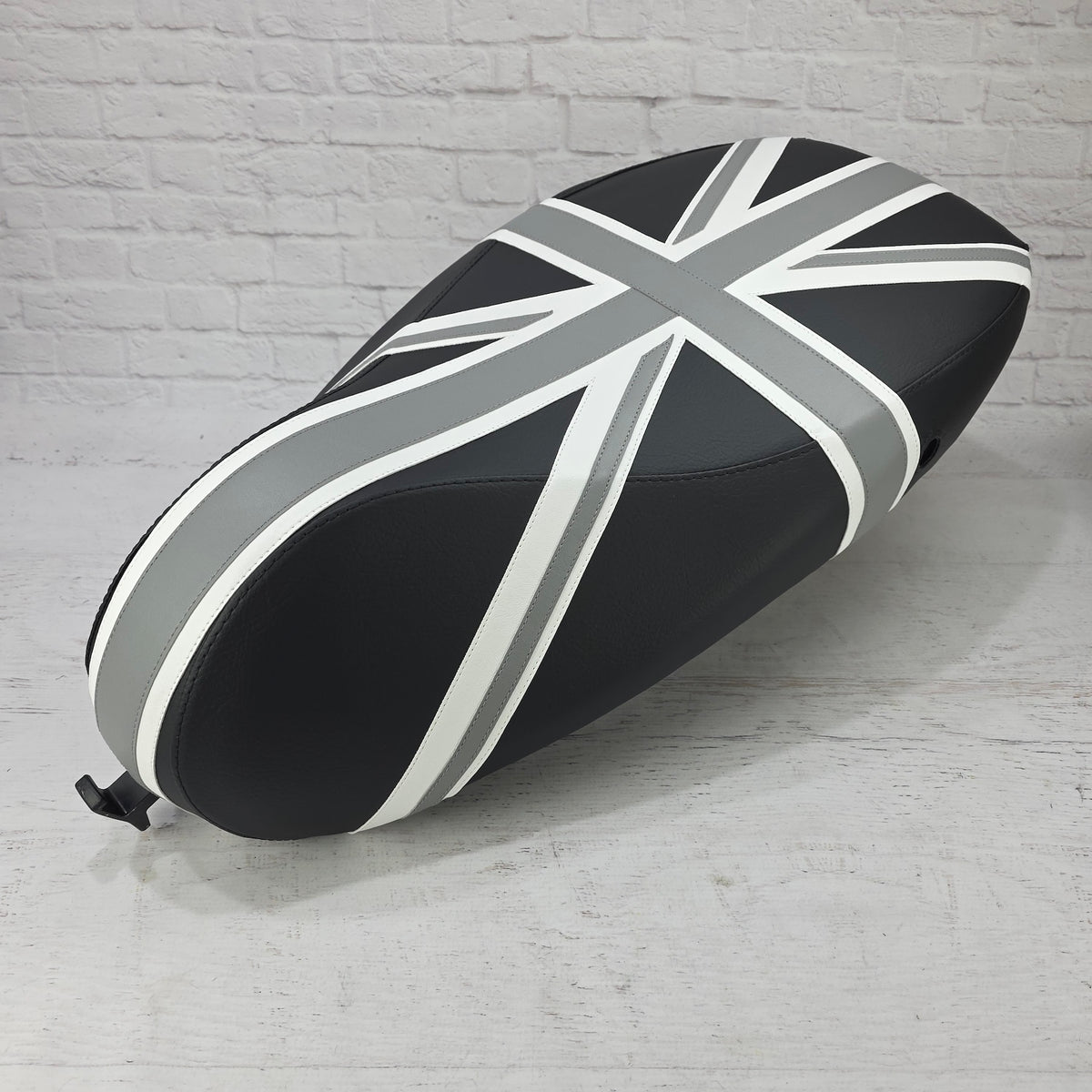 Vespa Sprint / Primavera Black and Gray Union Jack Seat Cover by Cheeky Seats