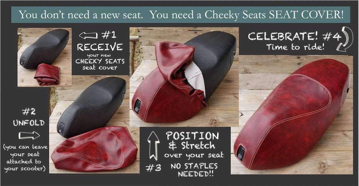 Four-step installation guide for a Kymco Like seat cover: receive, unfold, position and stretch over your seat with no staples needed, then celebrate and ride