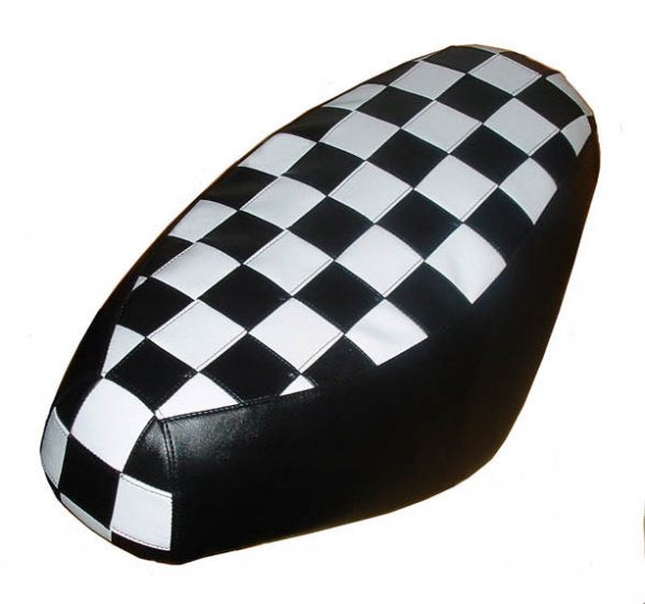 Black-and-white checkerboard Cheeky Seats cover for a Genuine Buddy standard seat, studio view
