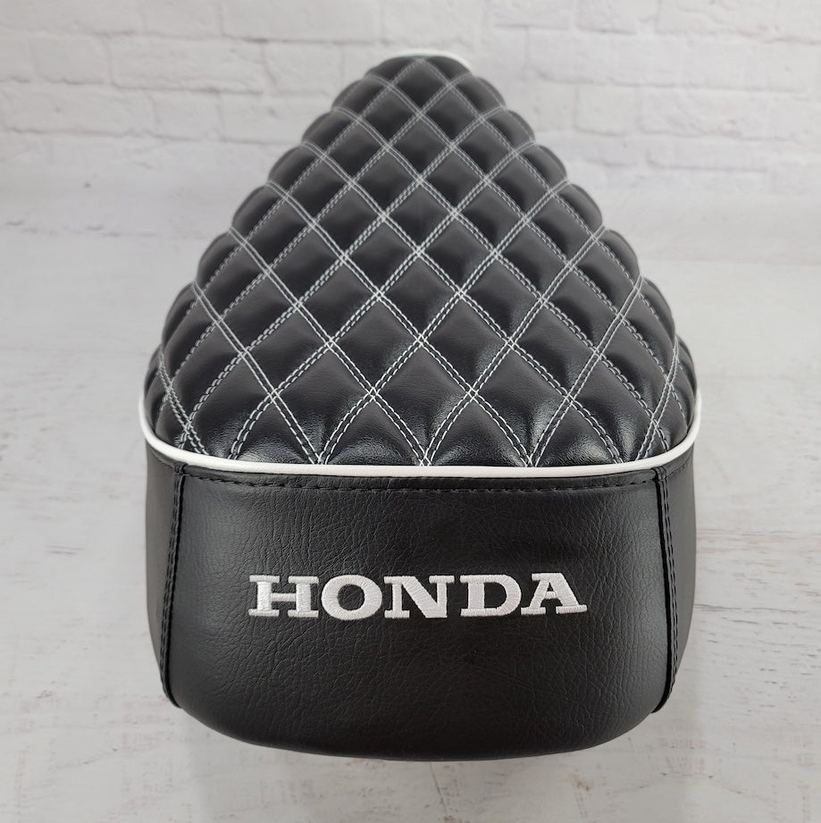 Honda Elite SA50 Double Diamond Seat Cover, with white stitching and Honda logo, handmade Honda Elite SA50 seat cover by Cheeky Seats, product detail view 4