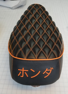 Honda Elite SA50 Double Diamond Seat Cover, with orange stitching, piping and Honda logo, handmade Honda Elite SA50 seat cover by Cheeky Seats, 