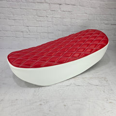 Red diamond seat cover hand stitched by Cheeky Seats for the Honda Dax
