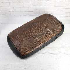 Brown crocodile-textured Maddog seat cover with padded cafe-racer styling and black side panels, handmade by Cheeky Seats