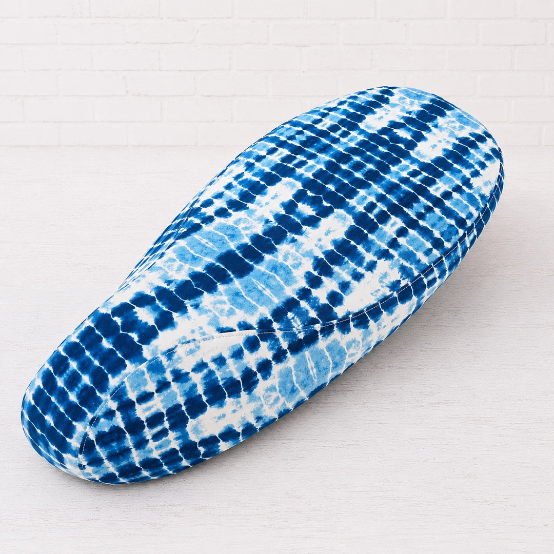 Blue tie-dye Vespa seat cover  on a light gray background Cheeky Seats