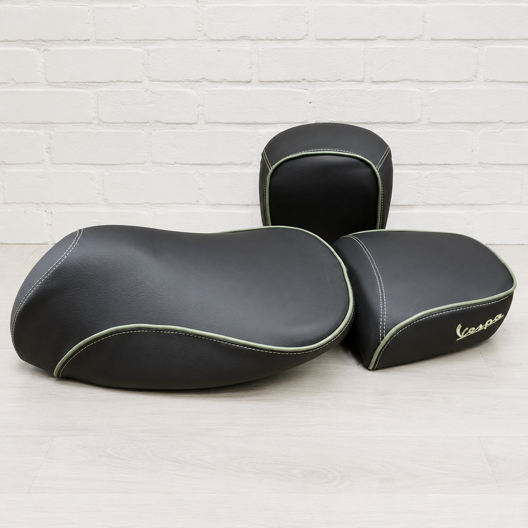 Vespa GTV 3 piece seat cover set with  green piping
