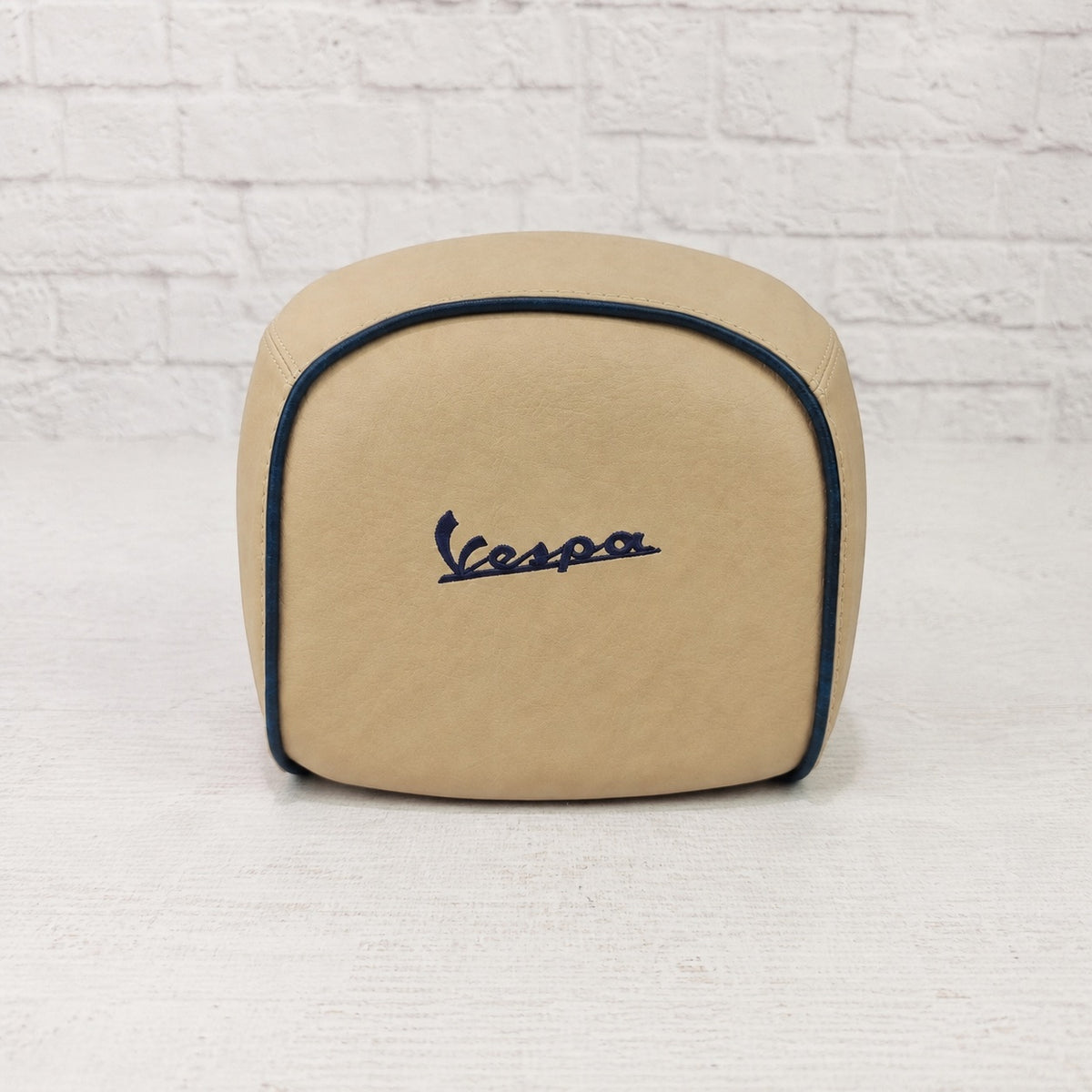 Vespa GTV camel tan backrest pad cover with Midnight Blue piping