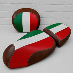 Vespa GTV seat cover and backrest pad cover with Italian Flag and distressed brown sides