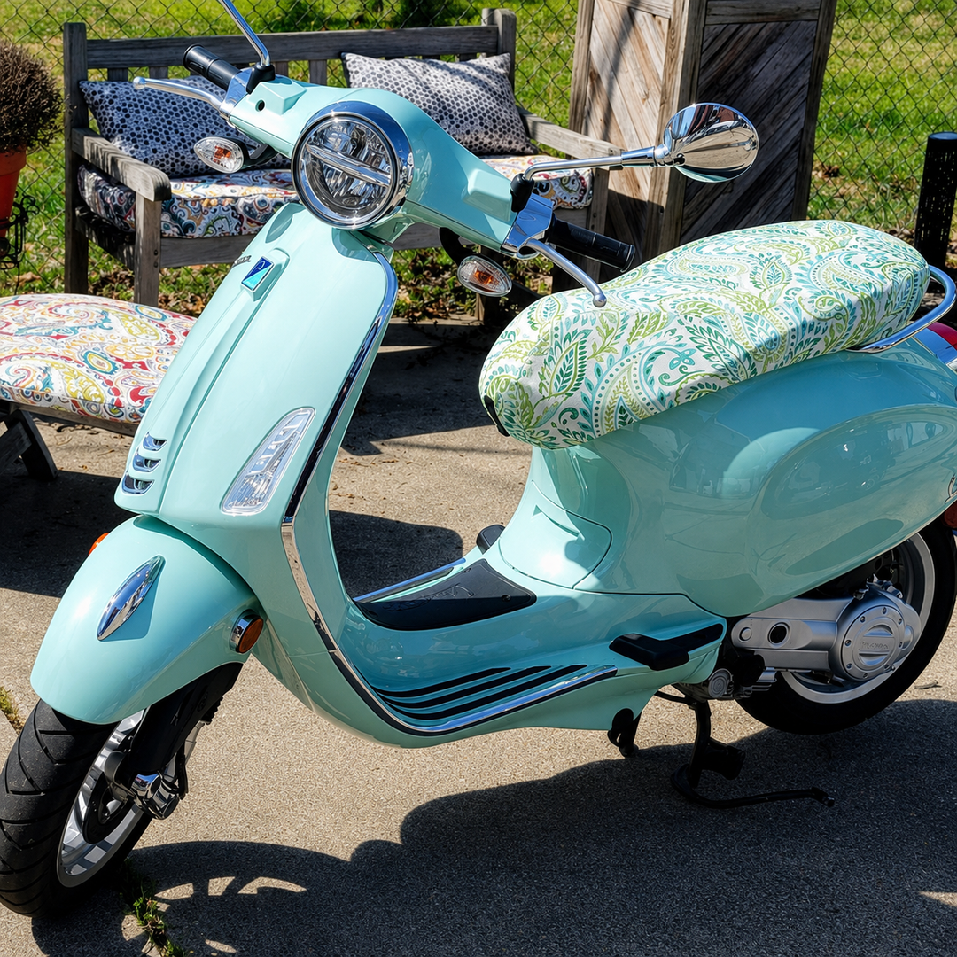 Vespa Sprint / Primavera Green and Blue Paisley SEAT COVER - Beat The Heat!!