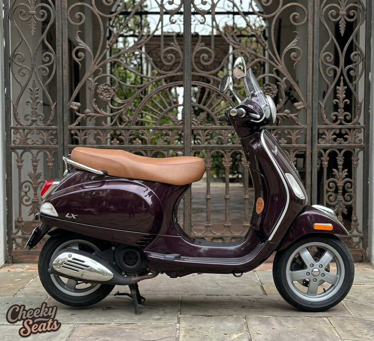 Vespa LX caramel and plum seat cover options by Cheeky Seats