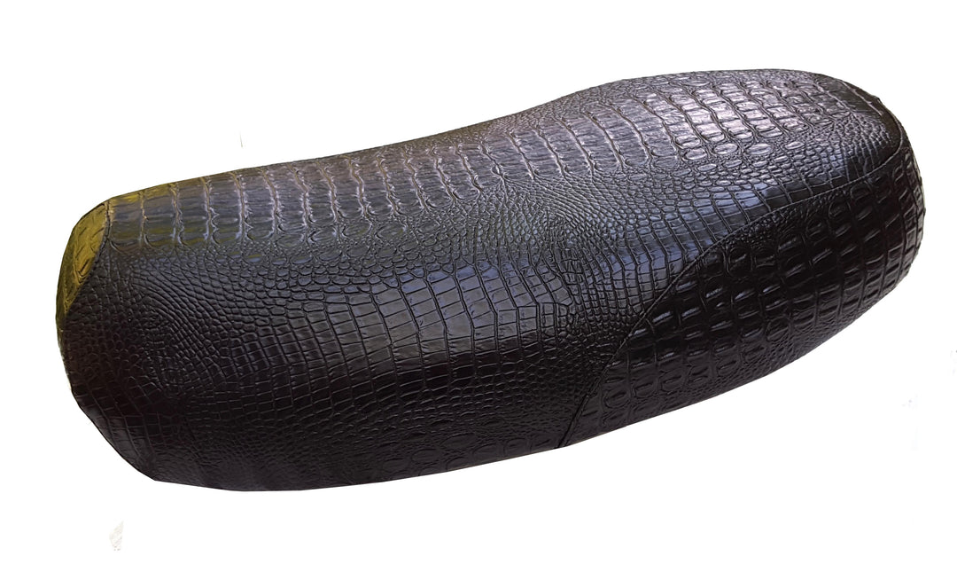 Side profile of a black crocodile-textured Yamaha Zuma II BWS 49/50 Prebug seat cover, handmade by Cheeky Seats