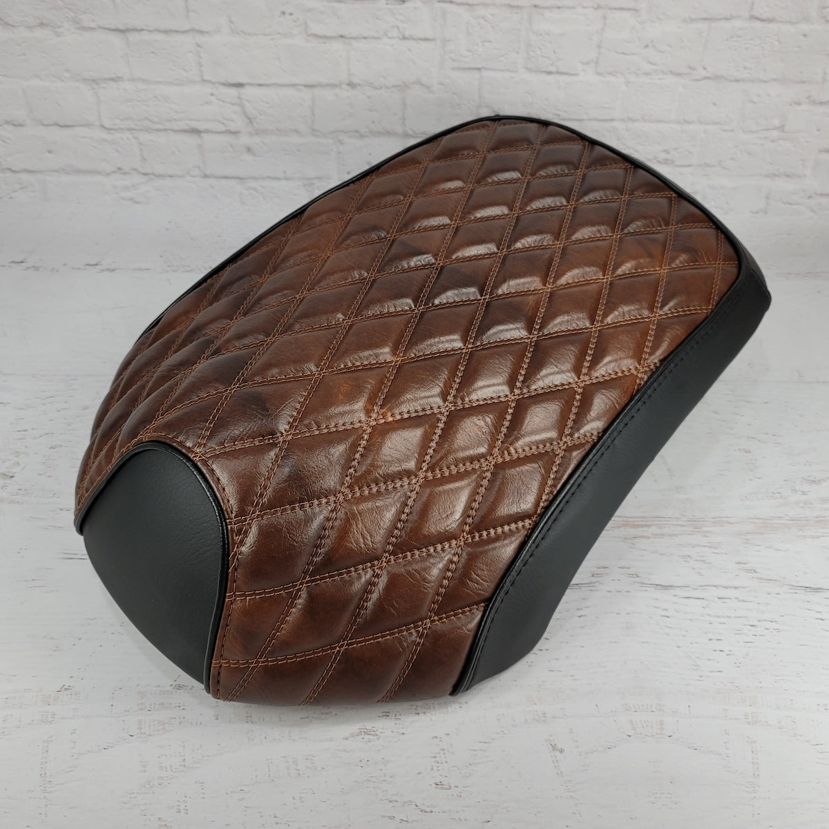 Espresso Brown diamond-quilted seat cover tailored for the Yamaha C3, XF50, Vox and Giggle, with black side panels, handmade by Cheeky Seats.