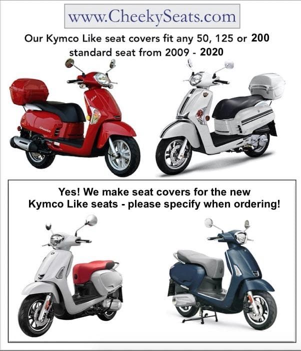 Fitment guide showing four Kymco Like scooter models with text confirming seat covers fit the 50, 125, and 200 standard seats from 2009 to 2020