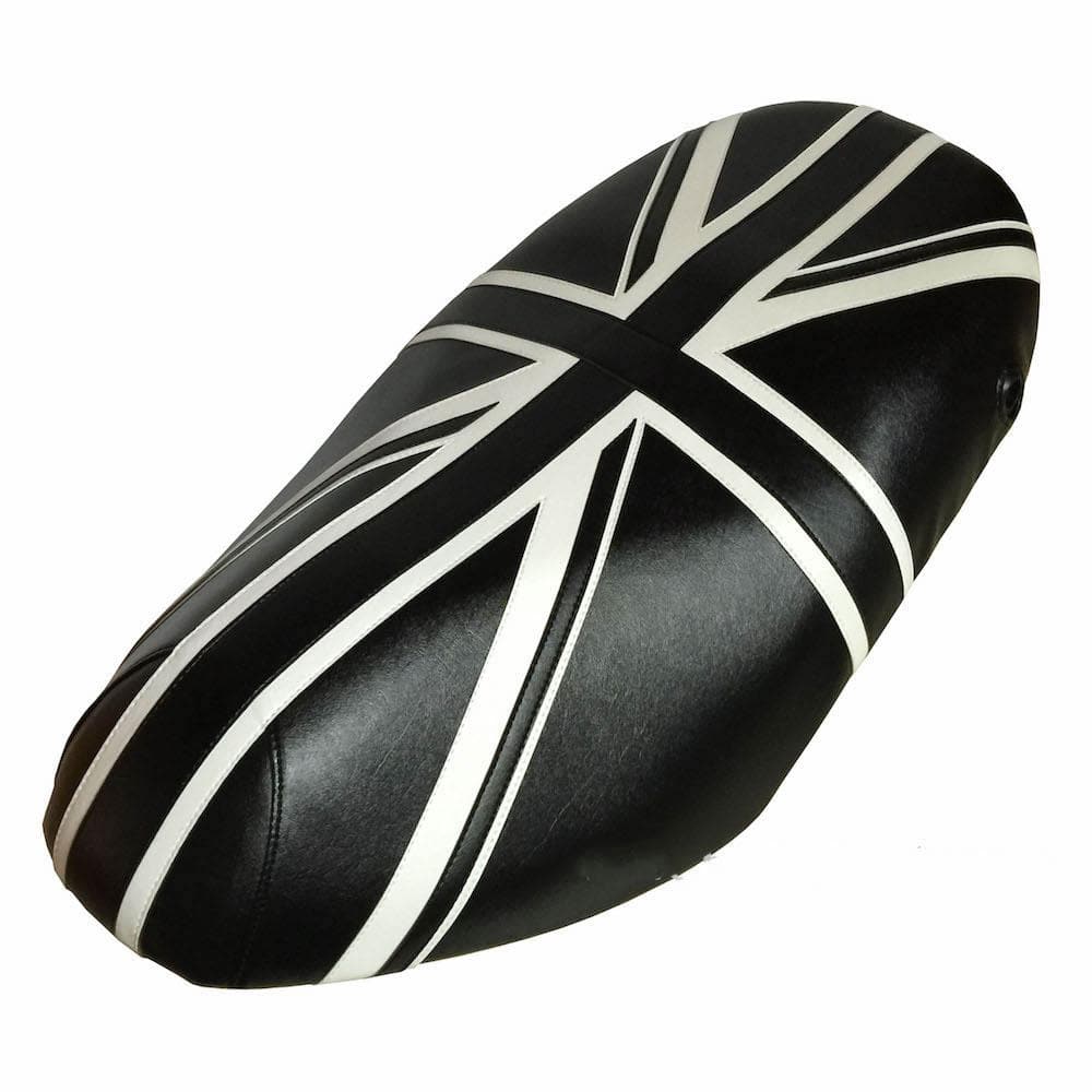 Black and white Union Jack Piaggio Fly 50–150 seat cover with hand-cut stitched flag panels, handmade by Cheeky Seats
