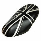 Black and white Union Jack Piaggio Fly 50–150 seat cover with hand-cut stitched flag panels, handmade by Cheeky Seats