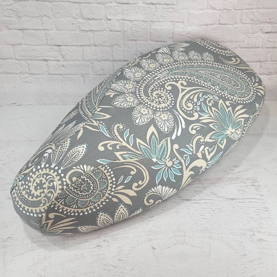 Stone Paisley seat cover for Vespa Sprint and Primavera, with a soft gray paisley pattern and tailored seams, handmade by Cheeky Seats.